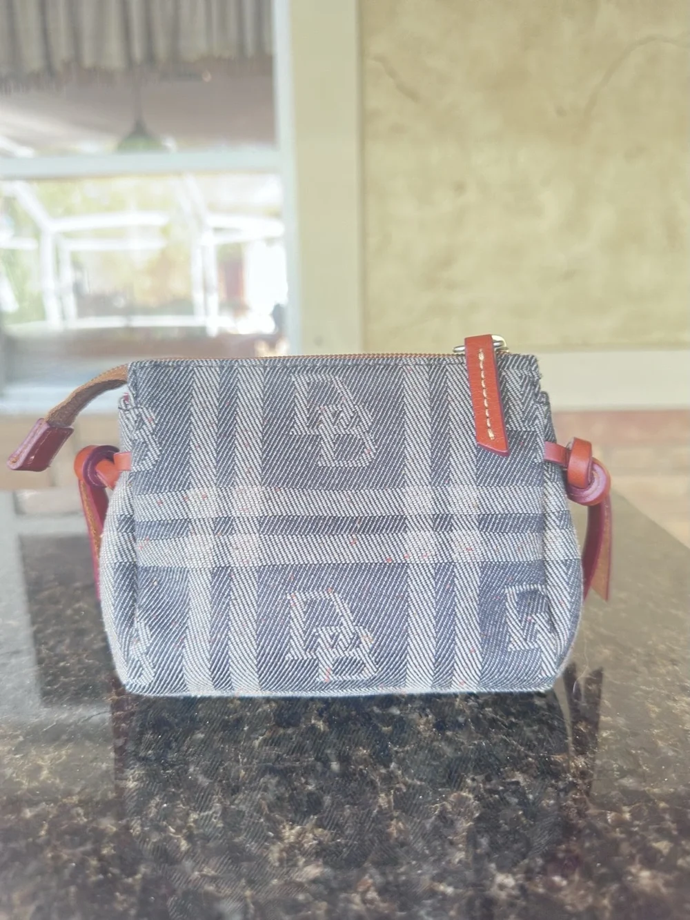 DOONEY & BOURKE ~ Gray Denim Plaid Pouch with Leather Trim and Red Interior